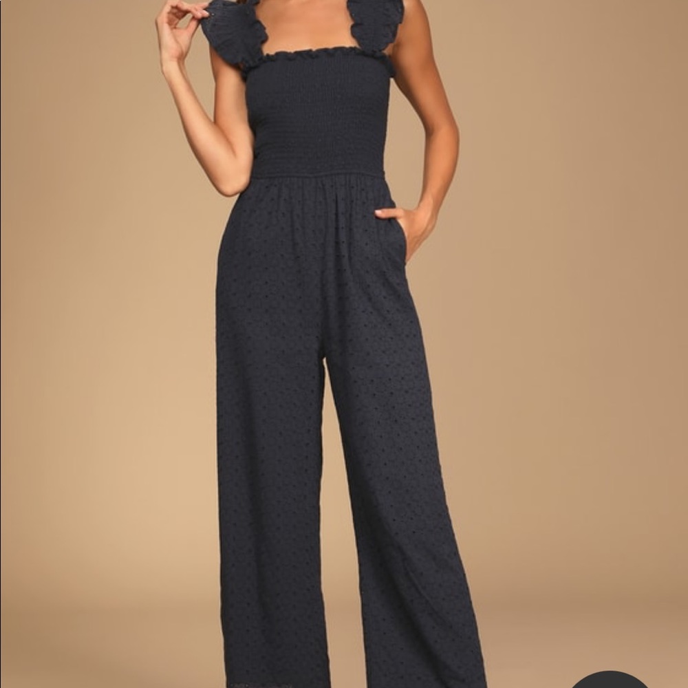 Lulus “Easy Loving” navy blue eyelet jumpsuit